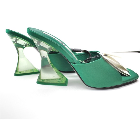Zara NWT Green Satin Strap Clear Assymetrical Vinyl Green Heels Size 6.5 / 37 - Picture 11 of 14